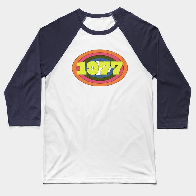 Yellow Year 1977 Rainbow Ellipse Vintage Typography Baseball T-Shirt by ellenhenryart